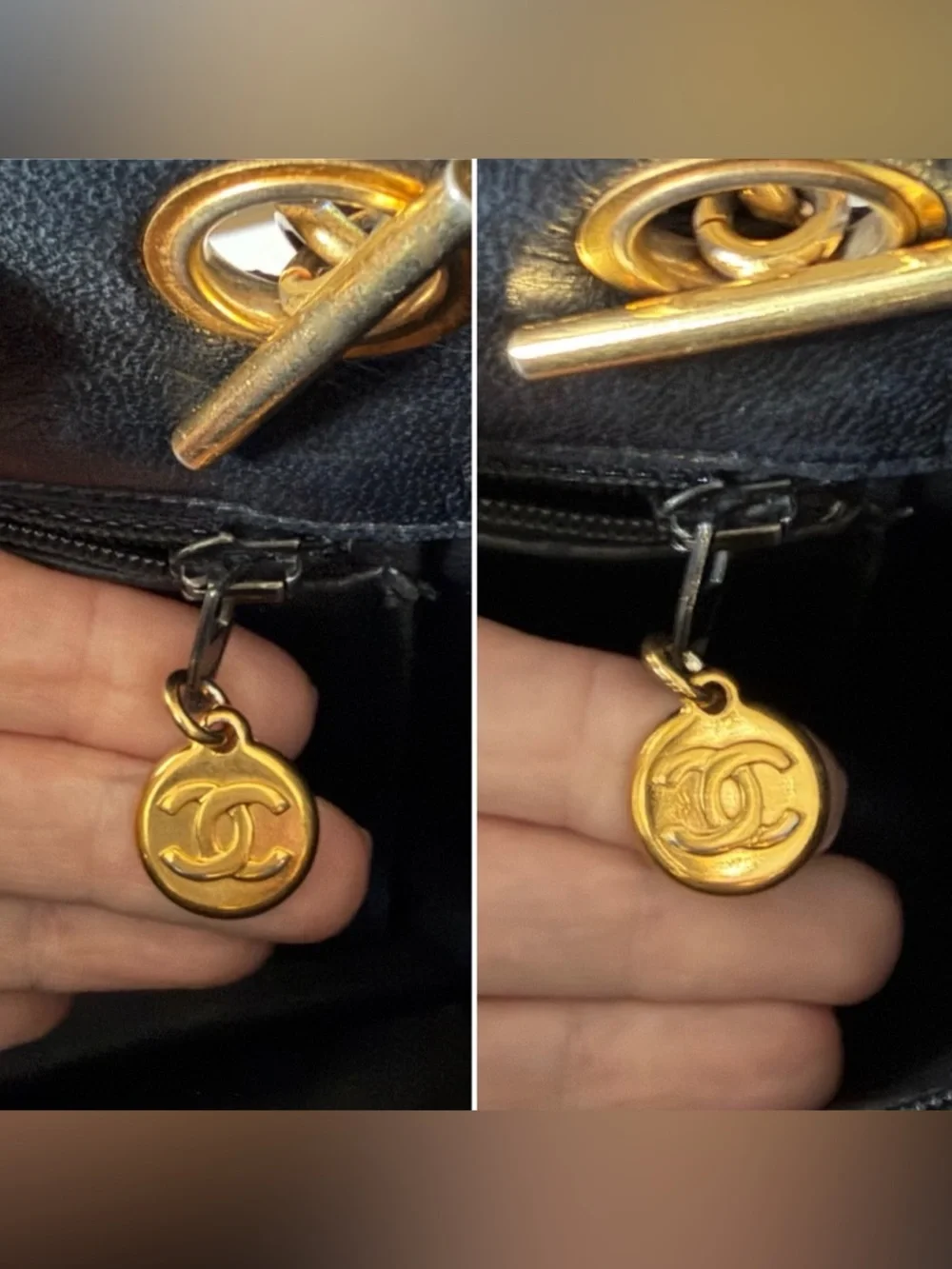 Chanel Vintage Quilted Lambskin Slit Pocket Shoulder Tote Black Gold Chain Charm